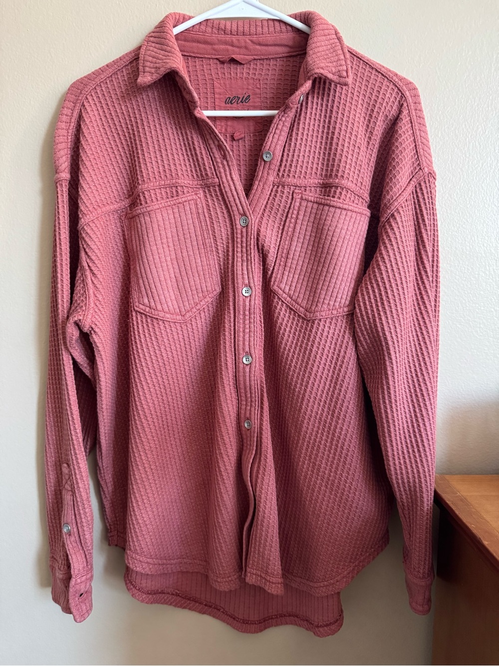 Aerie Waffle Knit Button Front Shirt Pink Long Sleeve Lightweight Women’s XS